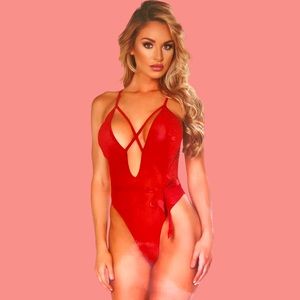 Sexy Feminine Bow Teddy with Bow & Cross Strap Detail. Red. NWT.  Large/XL.
